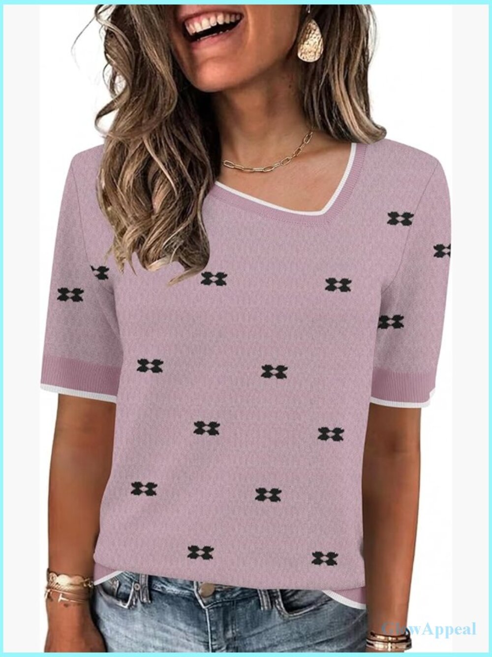 Short Sleeve Asymmetric Neck Pullover Sweater Blouse